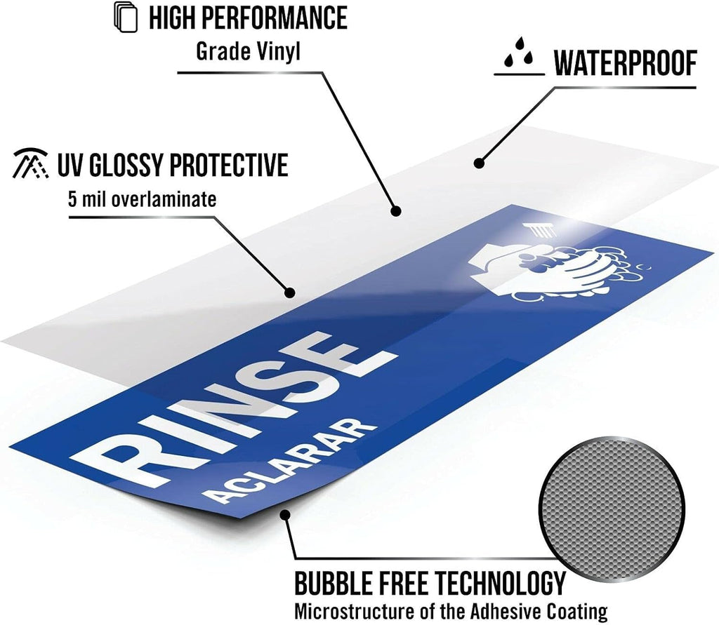 ASSURED SIGNS Wash Rinse Sanitize Sink Labels - 2.75" x 9" - 10 Pack - 3 Compartment Sink Stickers - Includes Hand Wash Only Sign - Bilingual English Spanish - For Restaurant Food Truck Commercial Kitchen