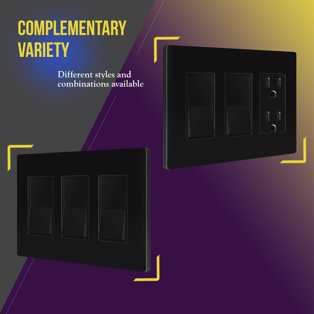 ENERLITES Screwless Decorator Wall Plate Child Safe Cover, Size 3-Gang 4.68" H x 6.53" L, Unbreakable Polycarbonate Thermoplastic, SI8833-BK-5PCS, Glossy, Black (5 Pack)