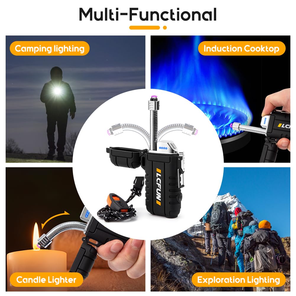 LcFun Electric Dual Arc Lighter USB Rechargeable, Windproof Plasma Lighters with LED Battery Indicator, Waterproof Flashlight Lighter with Whistle Lanyard for Camping, Survival Gear