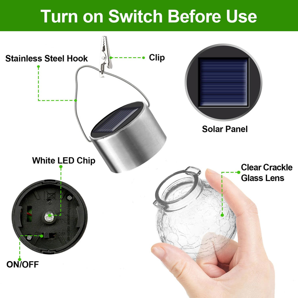 PARTPHONER 12 Pack Hanging Solar Lights Outdoor, Waterproof Solar Globe Lantern with Handle and Clip, Decorative Cracked Glass Ball Lights for Christmas Decor, Tree, Yard, Garden, Patio (Cold White)