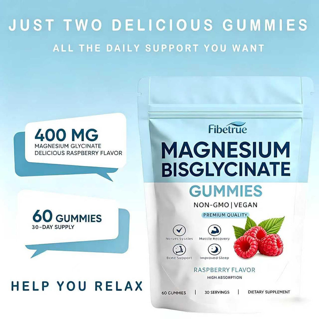 Magnesium Glycinate Gummies 400mg – High Absorption Chelated Magnesium for Sleep, Muscle & Nerve Support – Vegan Raspberry Flavor, 60 Gummies