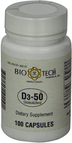 Bio-Tech Pharmacal D3-50 50,000 IU, 100 Capsules Ð All-Natural Supplement Ð Supports Bone, Heart Neuromuscular, & Immune Health Ð No Dairy, Fish, Gluten, Peanut, Shellfish, & Soy