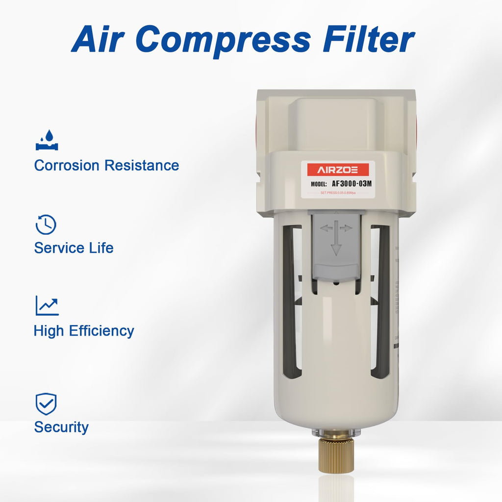 AIRZOE 3/8" NPT Air Dryer for Compressor - Air Compressor Water Separator AF3000-03, Semi-Auto Drain,5 Micron Brass Element, Poly Bowl