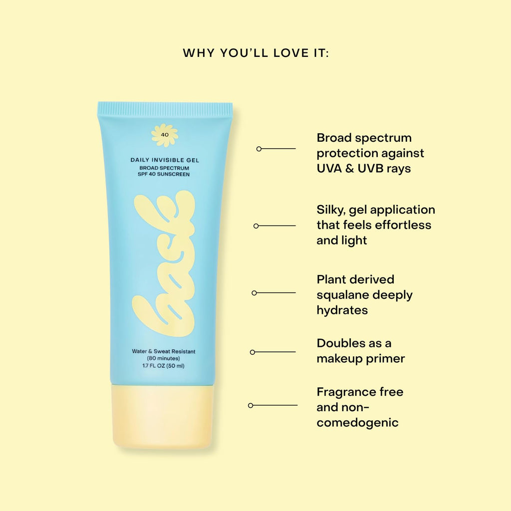 Bask Suncare SPF 40 Daily Invisible Gel Clear Face Sunscreen - Broad Spectrum Protection, Fragrance Free, Makeup Primer, Hydrating, Lightweight & Non-Greasy, Dermatologist Recommended, 1.7 fl oz