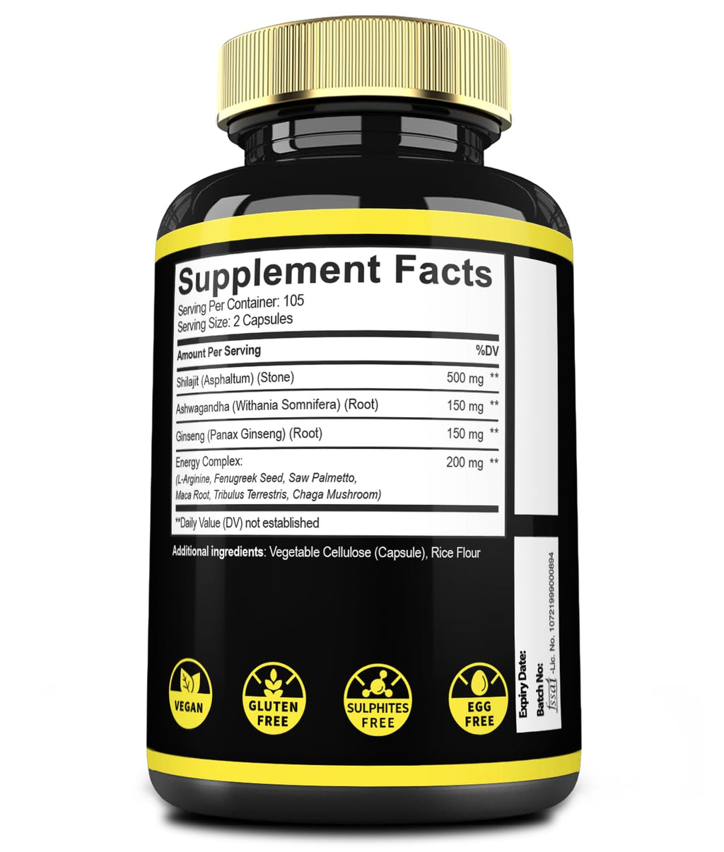 9in1 Shilajit Pure Himalayan Organic with Ashwagandha Root, Panax Ginseng, L-Arginine, Chaga & More - 210 Capsules - Shilajit Supplement for Immunity, Energy Production, Stamina & Comfortable Mood