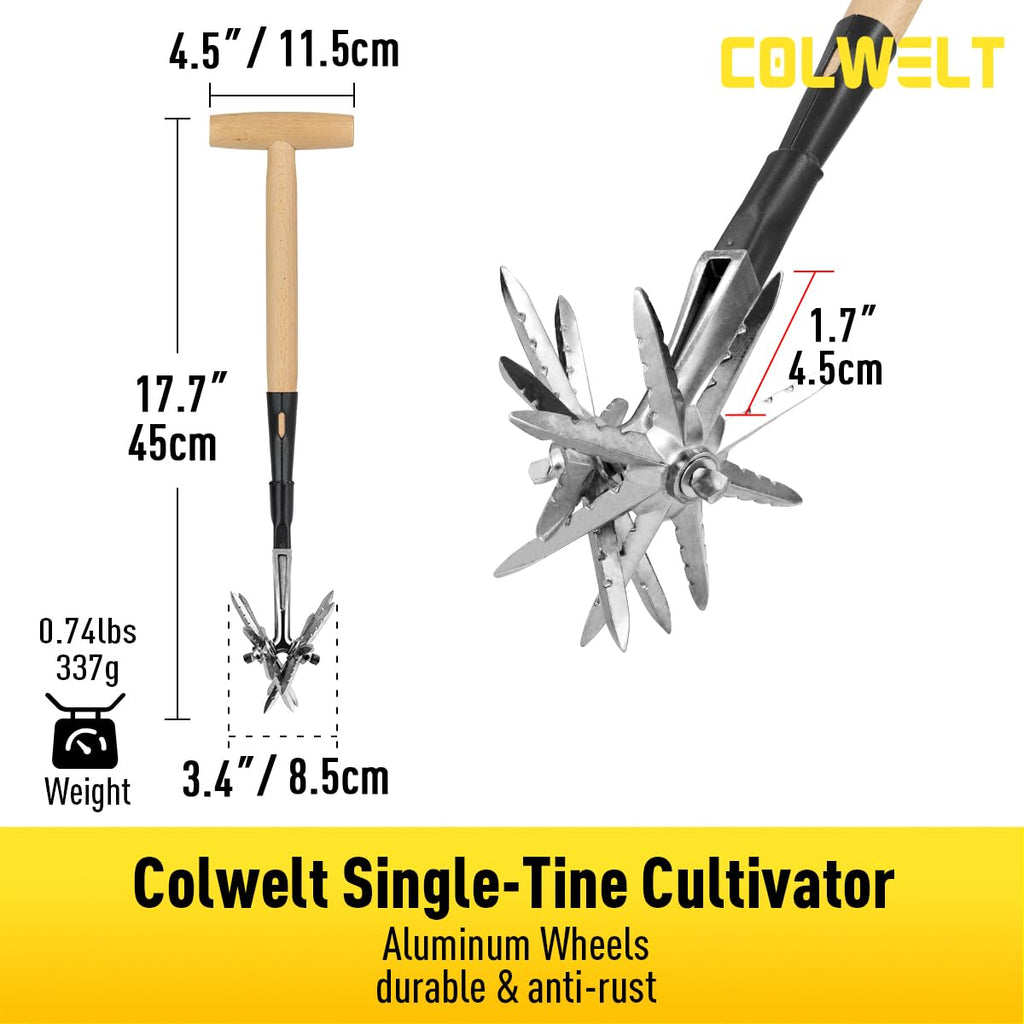Colwelt Manual Rotary Cultivator, Single-Tine Aluminum Cultivators for Gardening, Garden Hand Tiller Manual with Ergo Wooden t-Handle, Hand Held Cultivator Tool For Flower Beds Cultivate, Aerate, Weed