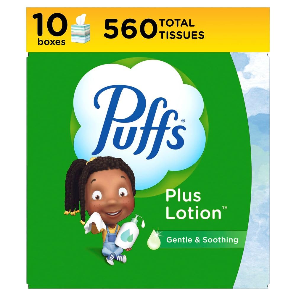 Puffs Plus Lotion Facial Tissues, 10 Cubes, 56 Tissues per Box, Allergies and Colds