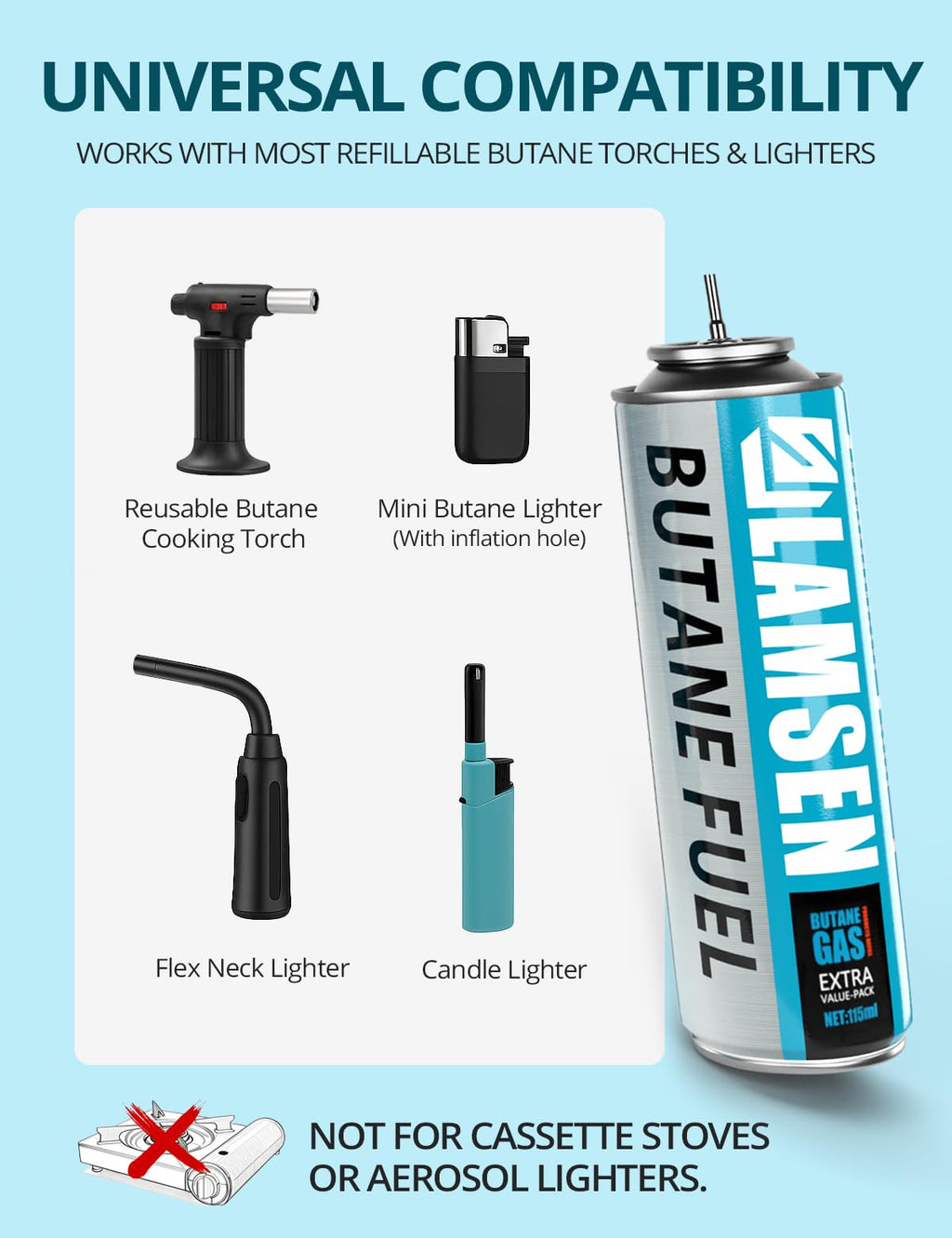 Lamsen Butane Refill - 115ml, Butane Fuel for Torch Lighter, Butane Canister for Torch Lighter, Butane Fuel Gas for Cooking, Camping and Welding, 3 Can