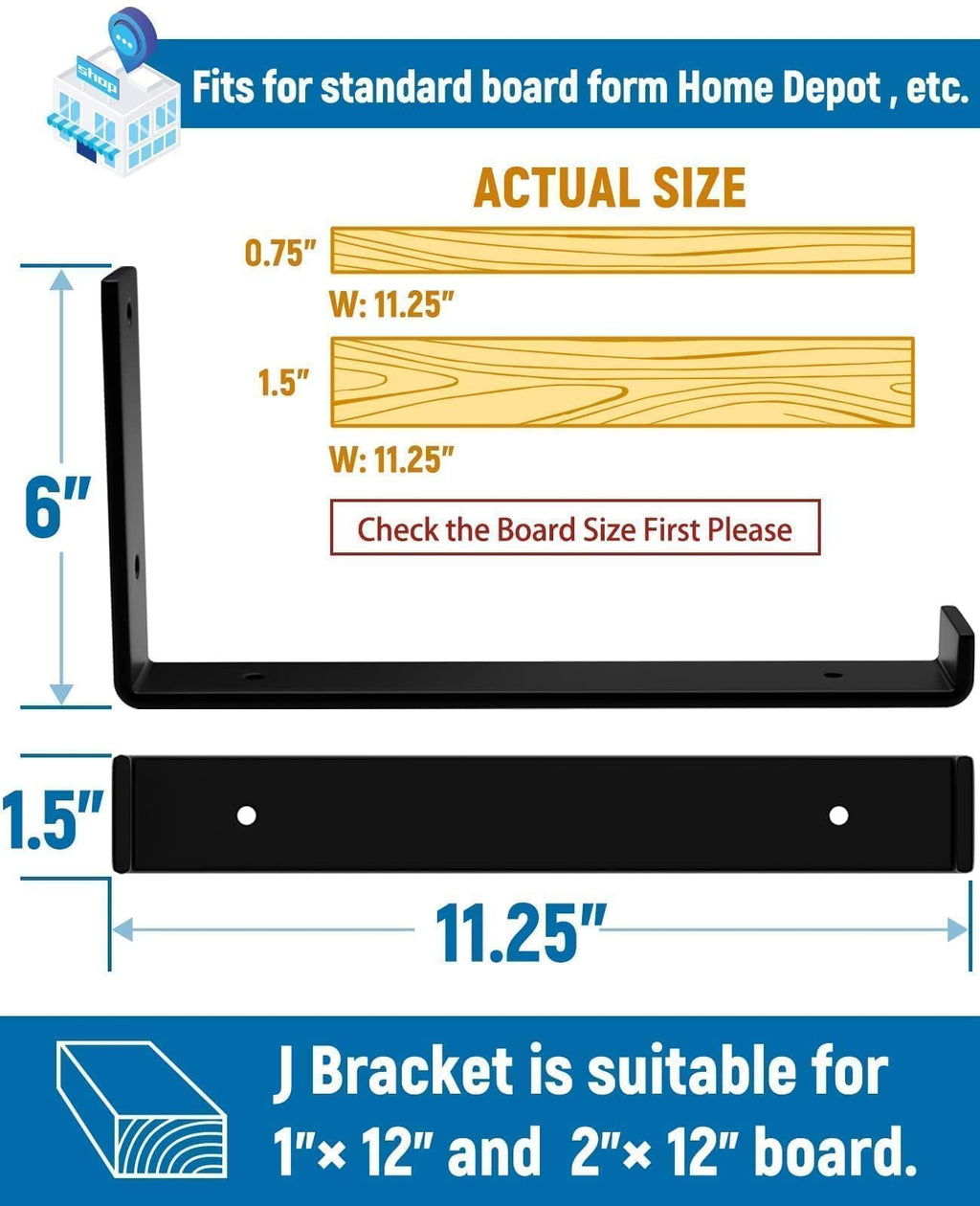 LEOPO Shelf Brackets 12 inch, 1/5 inch Thick 6-Pack Heavy Duty Industrial Bracket for DIY Floating Shelf Support, Black Coated Wall Shelf Bracket 11.25” x 6” x 1.5”