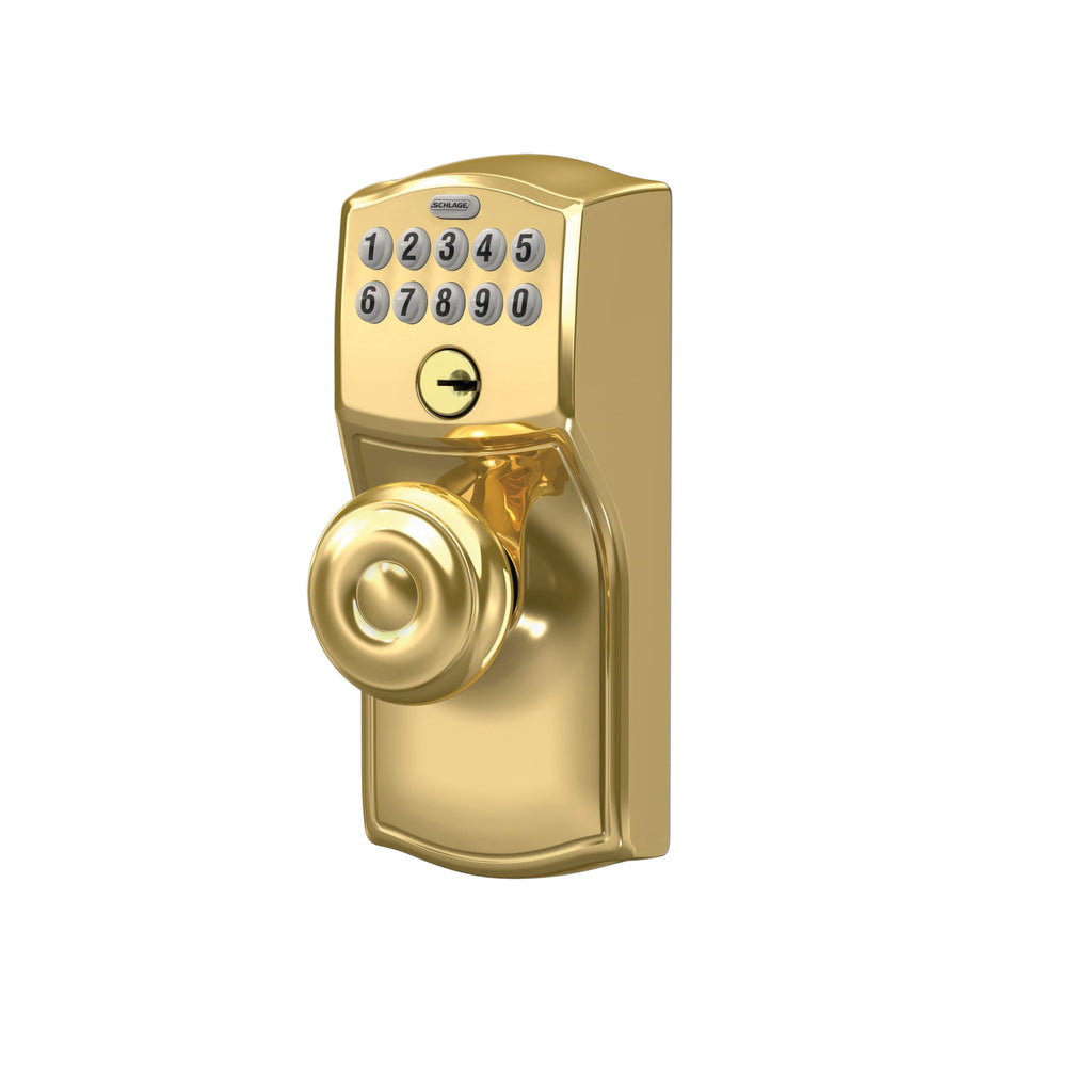 Schlage Camelot Keypad Lock with Knob, Electronic Keyless Door Entry, Flex Lock Auto‑Lock Option, Bright Brass, FE595 CAM 505 GEO