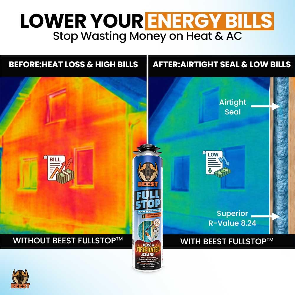 BEEST FullStop Fire-Rated Spray Foam Insulation for Walls & Attics - 240 Board ft/sq.ft - High Density Expanding Spray Insulation Foam Sealant for Thermal & Soundproofing - 12 Pack (12x26.8 oz)