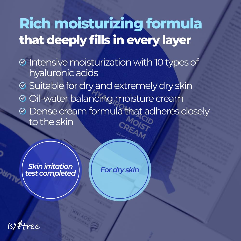 ISNTREE Hyaluronic Acid Moist Cream 100ml, 3.38 fl.oz | Korean Skincare | Deep Hydration for Dry Skin | Balances Oil & Moisture | Lightweight & Non-Greasy | Fragrance-Free