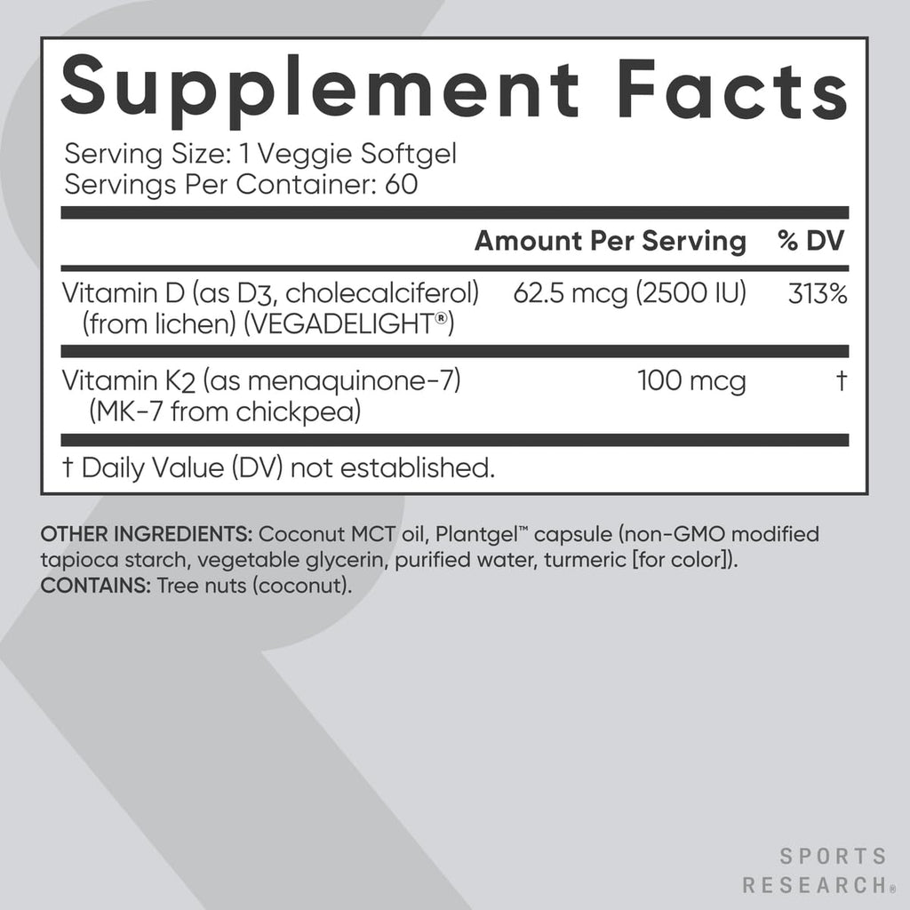 Sports Research® Vitamin D3 + K2 w/Coconut Oil - Vegan Vitamin D 2500iu (62.5mcg) & Mk7 Vitamin K 100mcg for Bone & Immune Support - Vegan Certified · Non-GMO · Soy Free - 60 Softgels