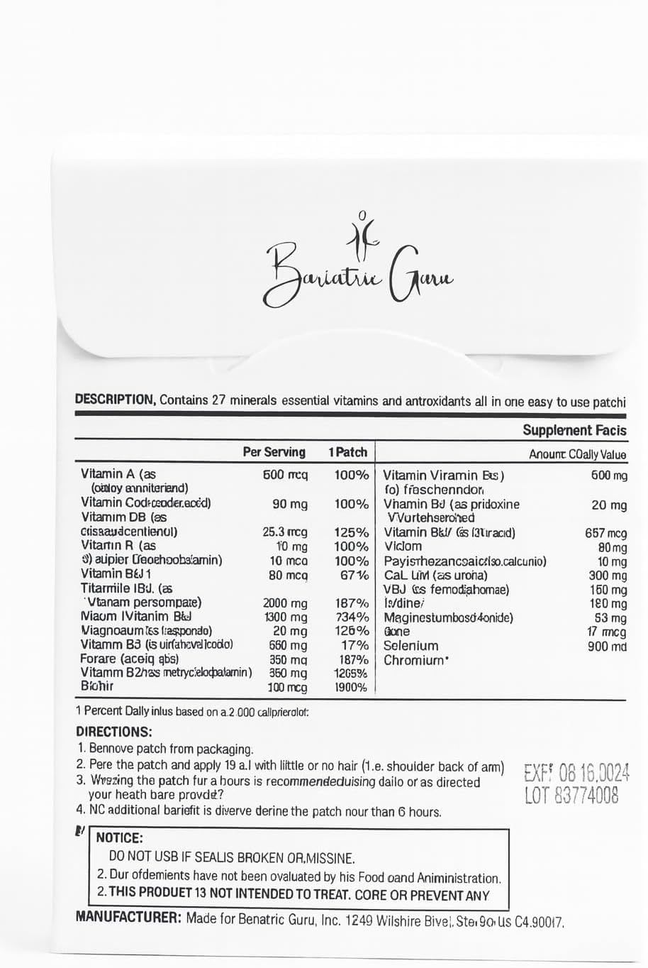 Bariatric Guru Multivitamin + Iron Supplement Transdermal Patch – Daily Vitamin & Mineral Supplement with B Complex, Vitamin D3, Calcium, Magnesium, Iron and Essential Nutrients - 30 Patches