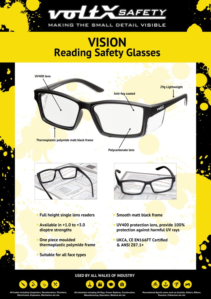 voltX 'VISION' Safety Readers, Full Lens Magnified Reading Safety Glasses (+2.5 Dioptre, Clear lens) ANSI Z87.1+ & CE EN166F - Anti fog coated UV400 lens