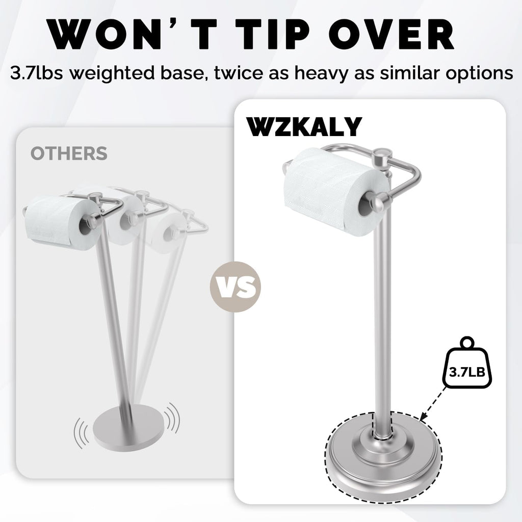 WZKALY Toilet Paper Holder Stand, Brushed Nickel Toilet Paper Holder Free Standing, Post Pivoting Design & Stable Weighted Base SUS304 Stainless Steel for Bathroom(Mega Roll)