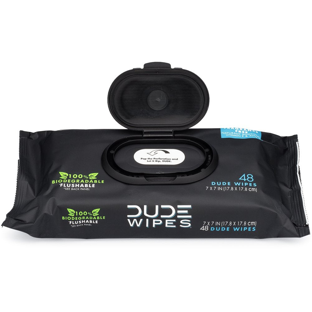 DUDE Wipes Flushable Wipes, Unscented with Vitamin-E & Aloe, 100% Biodegradable, Dispenser (12 Packs, 576 Total Count)