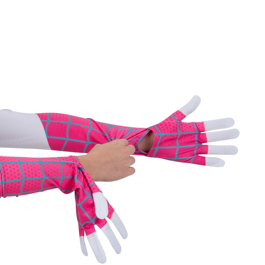 MARVEL Spider-Gwen Official Youth Zentai Halloween Costume - Hooded Spandex Jumpsuit with Printed Design and Pull On Spandex Mask (M)