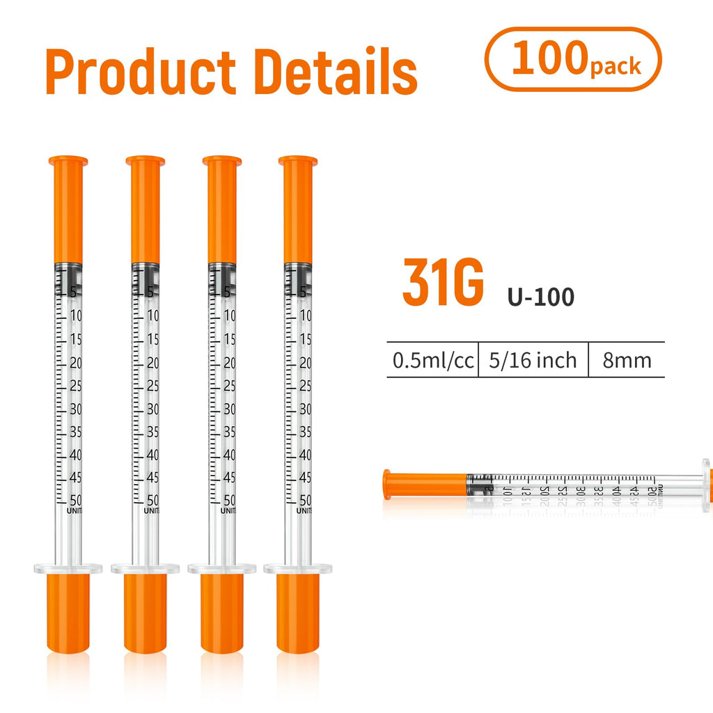 0.5ml 31G 5/16" syring, Seringe insulin, Individually Packed, Smooth & Comfortable, Pack of 100