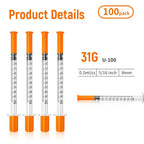 0.5ml 31G 5/16" syring, Seringe insulin, Individually Packed, Smooth & Comfortable, Pack of 100