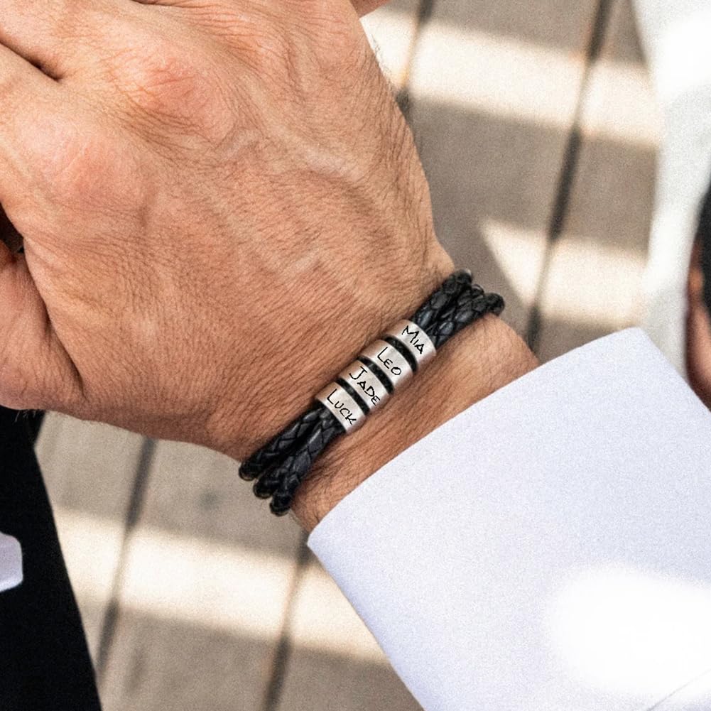 ShineSand Personalized Mens Leather Bracelet with Custom Beads, Customized Braid Leather Bracelet Engraved with Names for Men（Black, 5 Beads