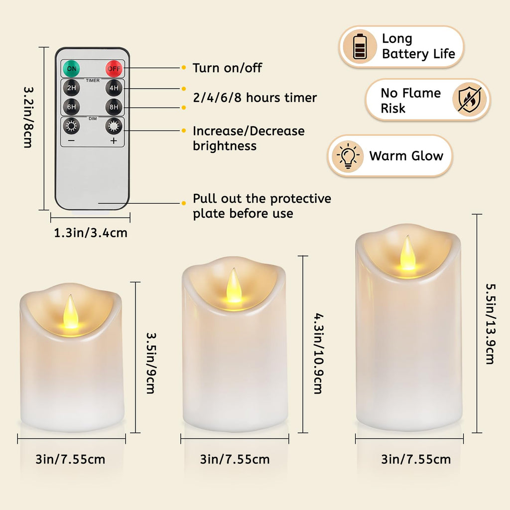 Flameless Candles 4" 5" 6" Outdoor Indoor Pillars Battery Operated Flickering Candles Include 8-Key Remote Timer 400+ Hours by 2 AA Batteries (White Candle - Warm light, 3"D x 4"|5"|6" H - 24 Pack)
