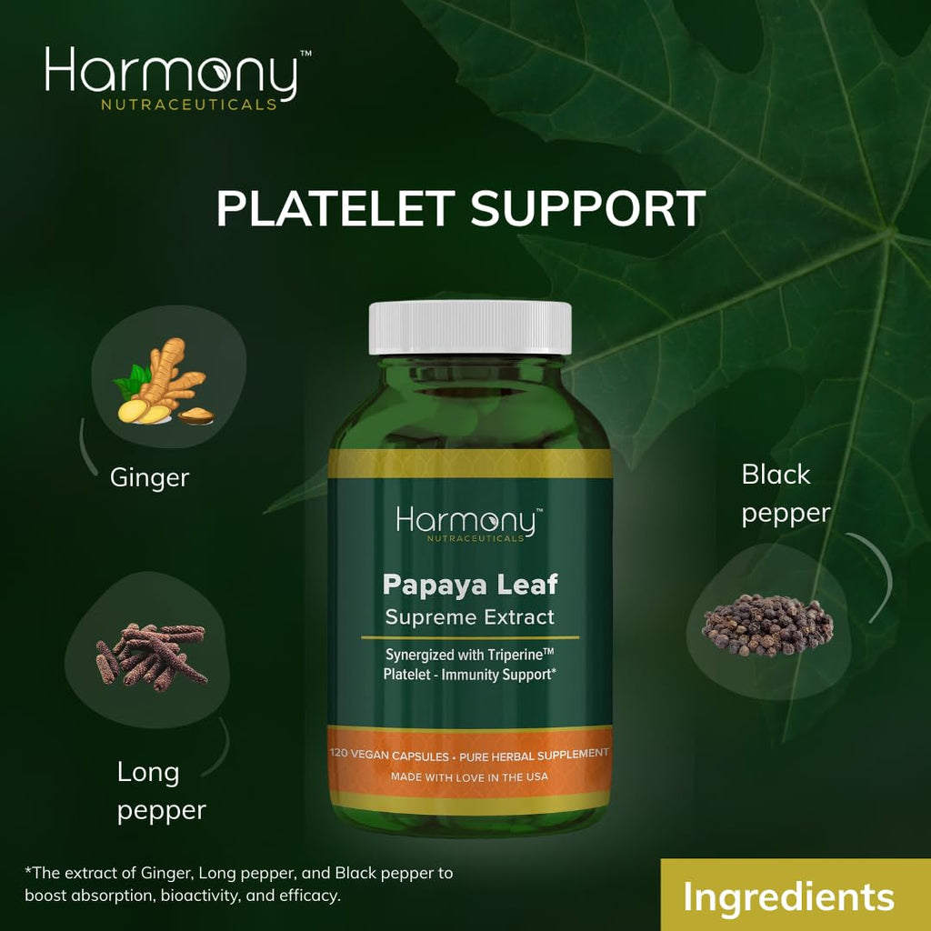 Harmony Nutraceuticals Papaya Leaf Supreme Extract Highest Potency Maximum Bioactivity Organic Dr. Gumman's Clinical Grade 120 Vegan Capsules Synergized with Triperine