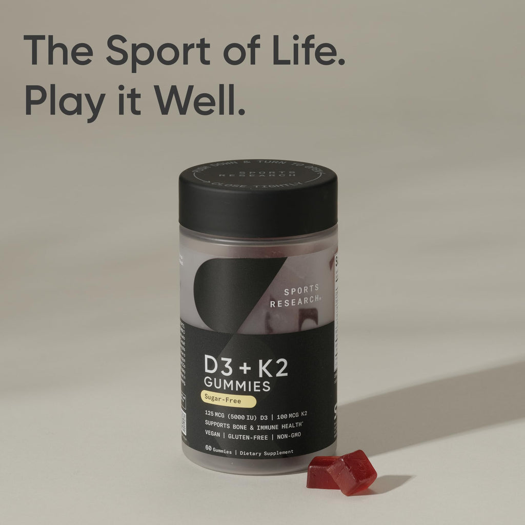 Sports Research® Vegan Vitamin D3 + K2 Gummy Supplements - 5000iu Vitamin D with 100mcg Mk7 Vitamin K - Supports Bone& Immune Health* - 60 Gummies for Adults, for Women, 1 Month Supply