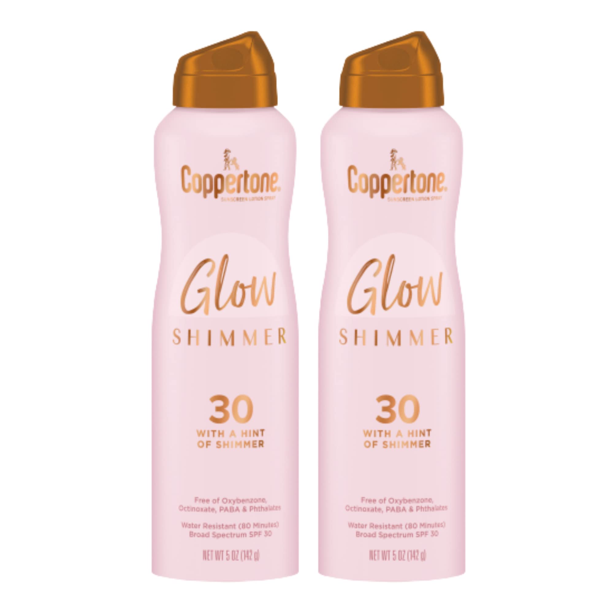 Coppertone Glow Shimmer Sunscreen Spray SPF 30, Water Resistant Broad Spectrum SPF 30 Spray Sunscreen, Free From Parabens, PABA, Phthalates, Octinoxate and Oxybenzone, 5 Oz Bottle, Pack of 2
