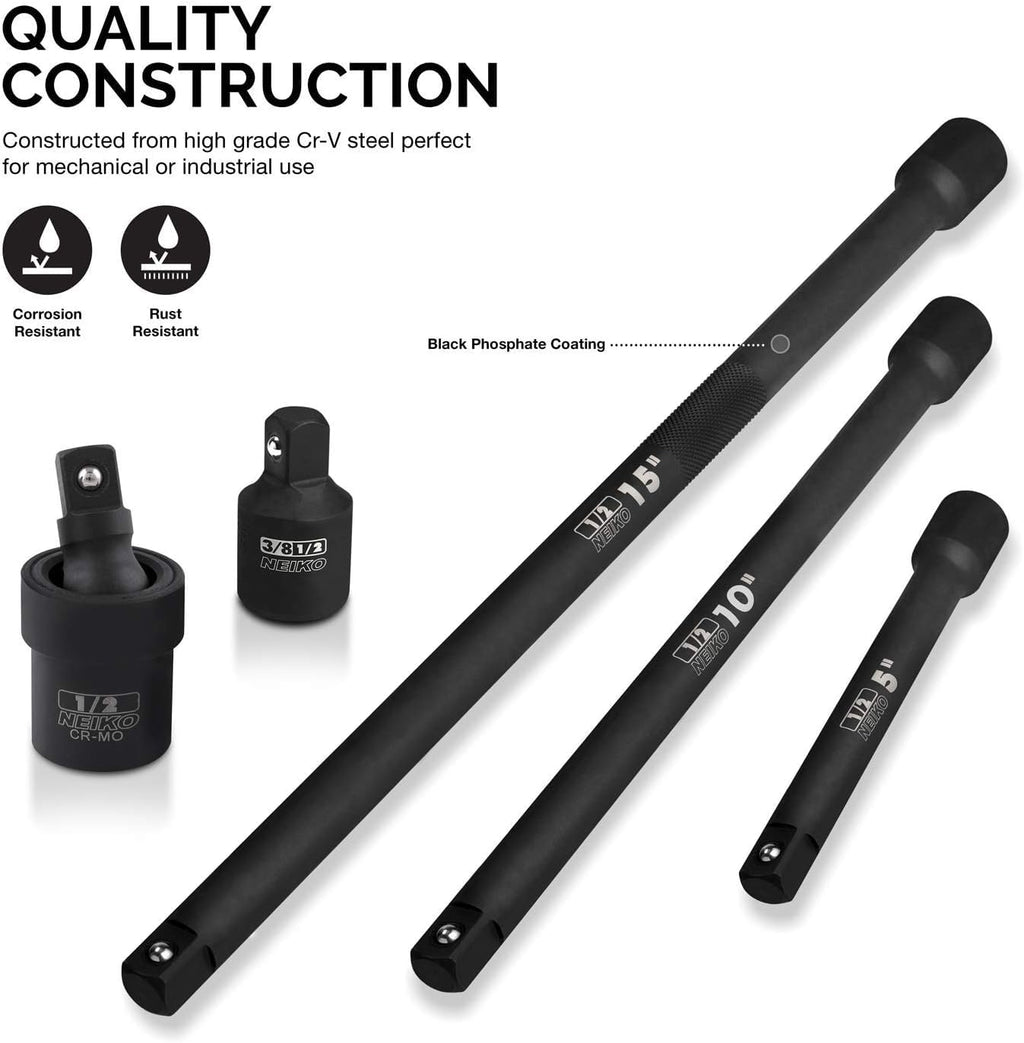 Neiko 00256A 1/2-Inch Drive Impact Extension Bar and Adapter Set, 5-Piece | Includes 5, 10, 15-Inch Extension Bars, Universal Joint, and Reducer