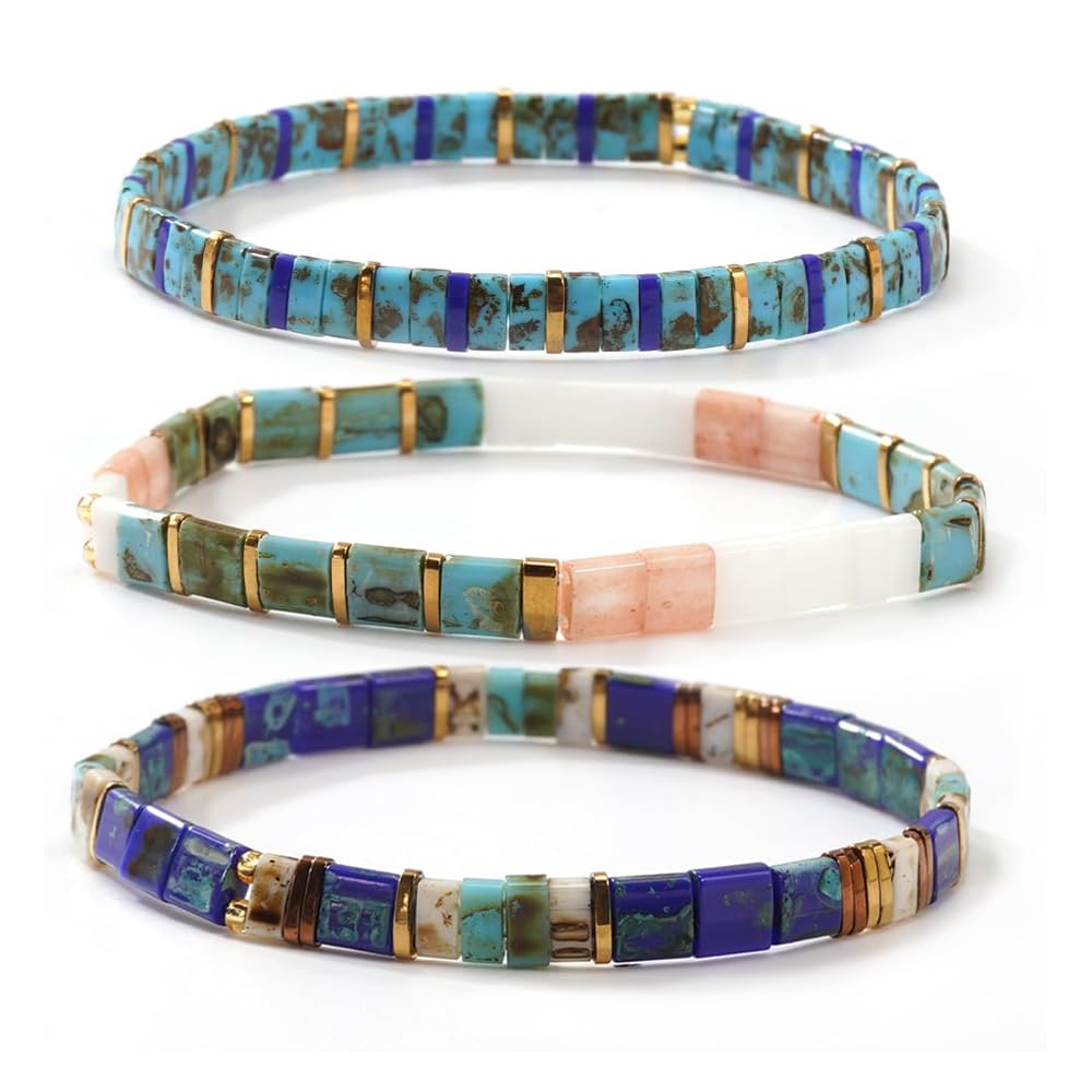 Ustome Tila Flat Square Stack Beaded Bracelets Set for Women Men, Boho Romantic Handmade Colorful Stretch Accessories Jewelry,Party Holiday Friendship Gift