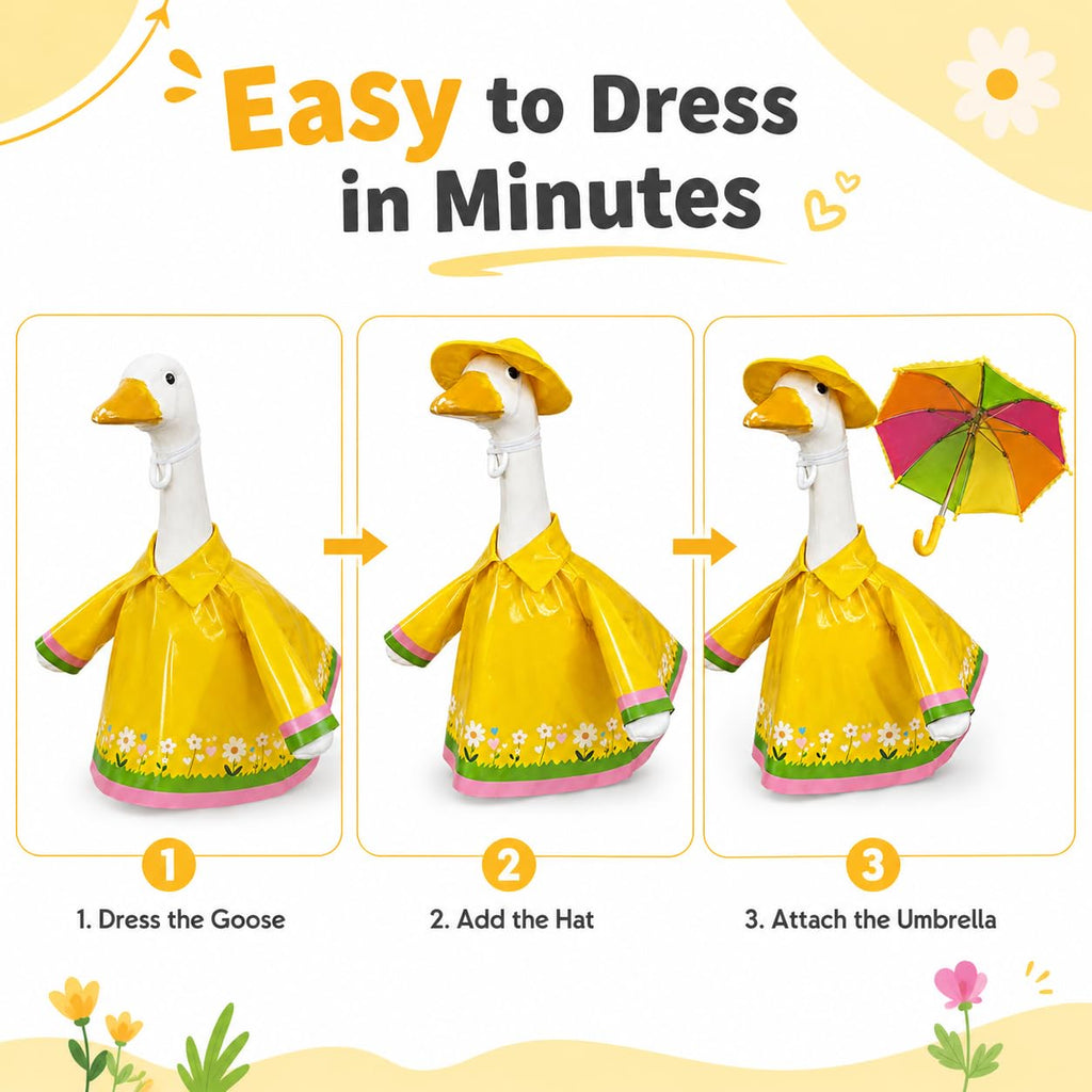 Metyond 3 Pcs/Set Raincoat Porch Goose Outfits, Summer Lawn Goose Statue Raincoat Costume, Yard Goose Clothes for 23" H Statue Patio Garden Decoration (Flower, Yellow)