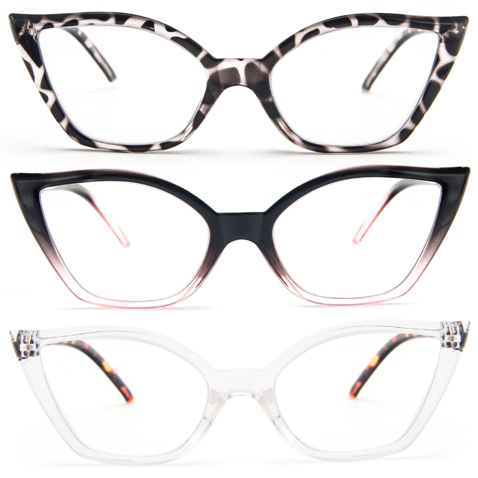 DXYXYO Cat Eye Reading Glasses 1.75 for Women 3 Pack Anti Blue Light Computer Readers Stylish Retro with Spring Hinge, Demi+black pink+clear
