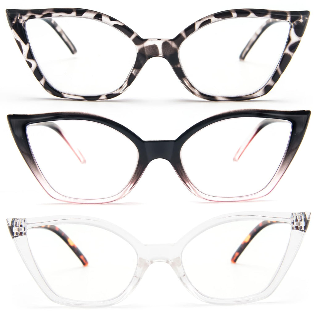 DXYXYO Cat Eye Reading Glasses 2.0+ Strength for Women 3 Pack Anti Blue Light Computer Readers Stylish Retro with Spring Hinge, Demi+black pink+clear
