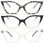 DXYXYO Cat Eye Reading Glasses 2.0+ Strength for Women 3 Pack Anti Blue Light Computer Readers Stylish Retro with Spring Hinge, Demi+black pink+clear