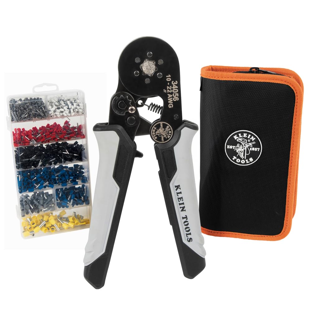Klein Tools 34061 Ferrule Crimping Tool Set with Ratcheting Hex Crimper Pliers, 1200 Wire Terminals (10-22 AWG), and Soft Carrying Case for Electrical Applications