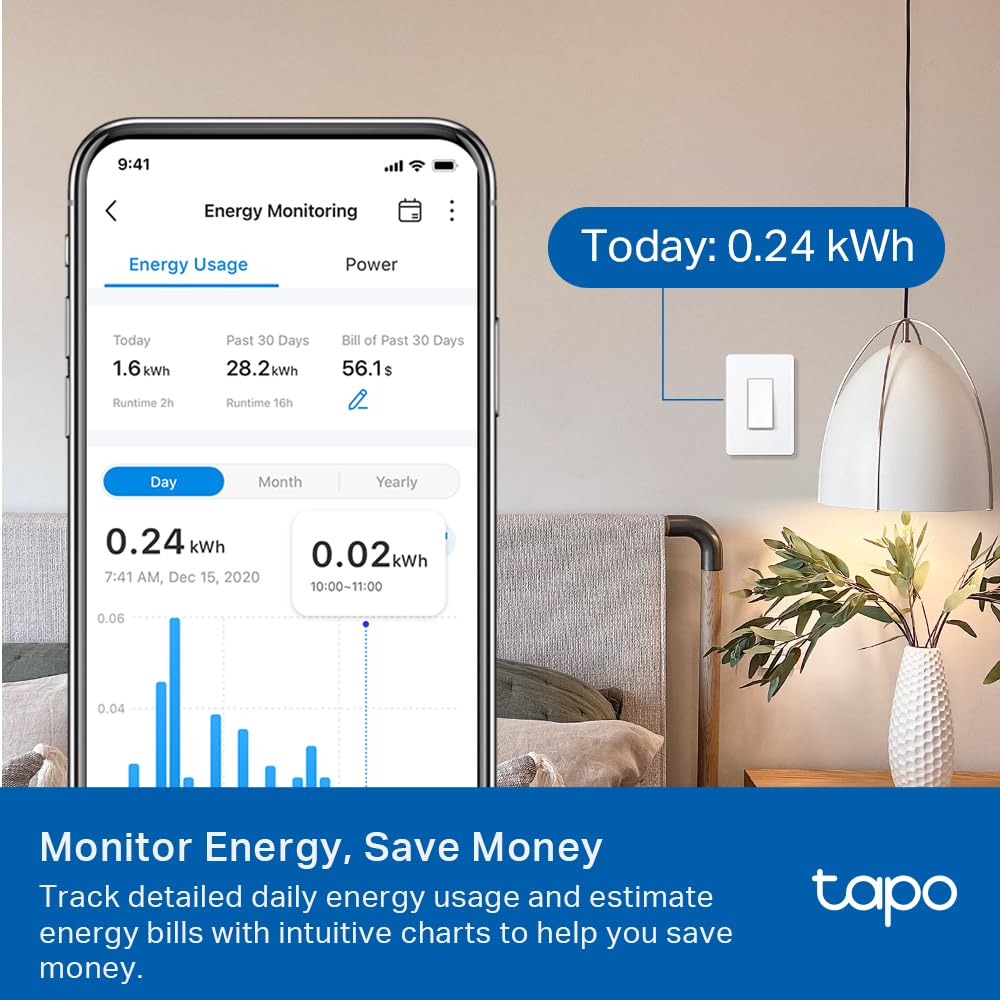 TP-Link Tapo Smart Switch, Single-Pole/3-Way/4-Way, Matter Compatible, Energy Monitoring, Neutral Wire Required, Works with Alexa, Siri, Google Home, SmartThings, UL Certified, 2.4GHZ Wi-Fi, Tapo S515