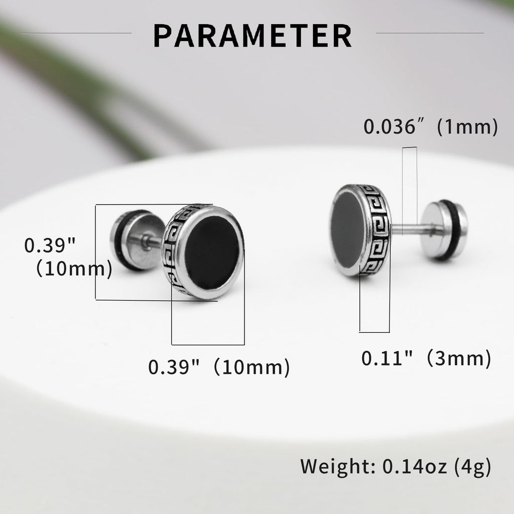 【Hypoallergenic Earrings for Men】-18G Flat Mens Surgical Steel Black Stud Earring 10mm (0.4")-【For Sensitive Skin & New Piercings】 Textured Brick Design Pair 0.28oz Men's jewelry-Para Hombre (Black)