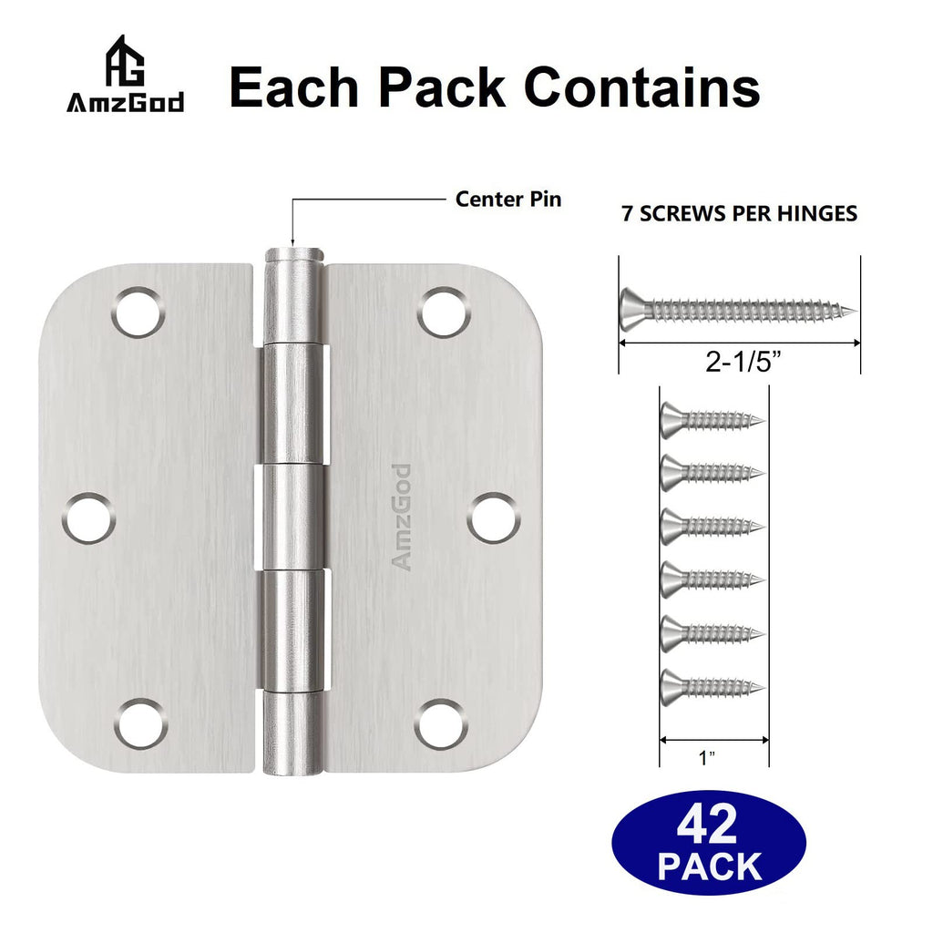 AmzGod Door Hinges Brushed Nickel - 42 Pack Nickel Door Hinges 3.5 Inch Rounded Interior Satin Nickel Door Hinge with 5/8" Radius - Flat Iron Residential Standard 3 1/2 Inches Silver Door Hardware