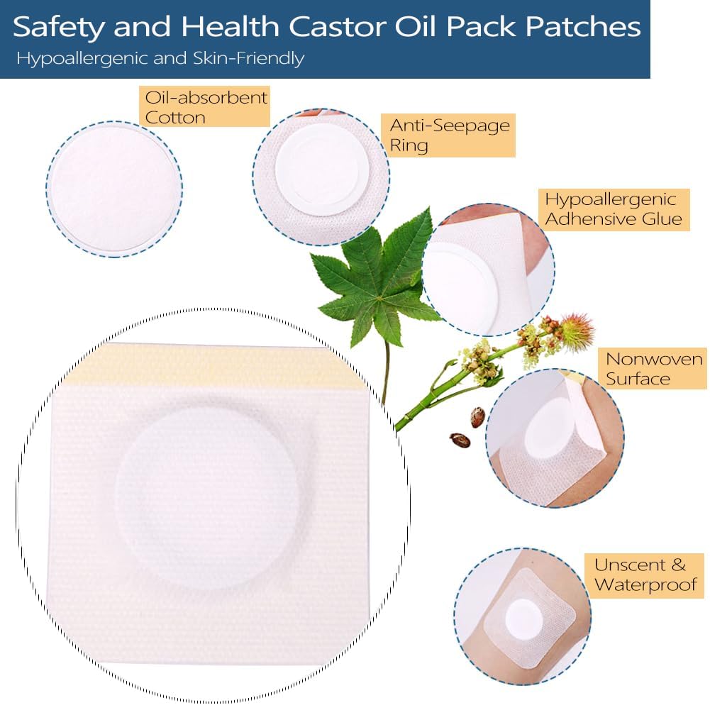 12Pcs Hypoallergenic Castor Oil Pack Wrap for Belly Button, 3.2 x 3.2 inches Disposable, Self-Adhesive, and Highly Absorbent Castor Oil Wraps Patch Pads - White