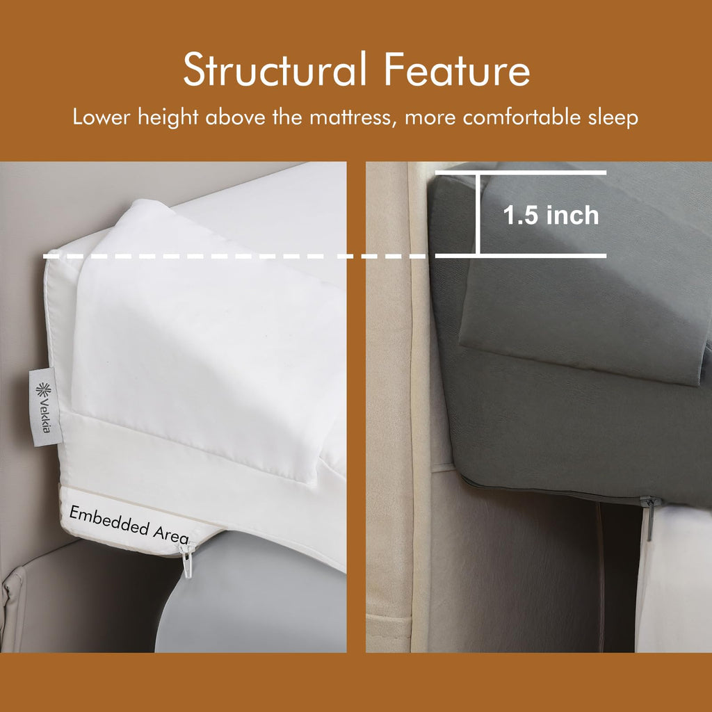 Vekkia Queen Bed Wedge Pillow for Headboard Gap Filler(0-5"),High-Density Foam,Prevent Pillow & Item from Falling,Ergonomic Design,Large Storage Pockets, Removable&Washable Cover,White,60''x10 x6