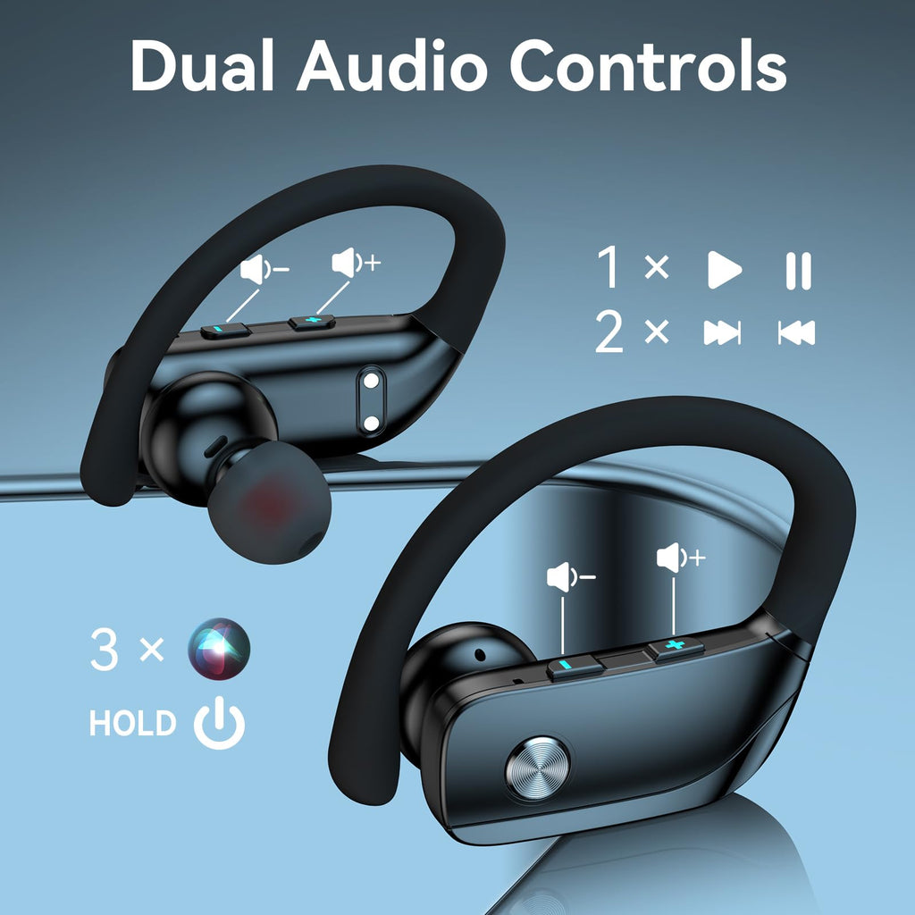 bmani Ear Buds Wireless Earbuds Bluetooth Headphones with 80H Playtime LED Display Case, Over-Ear Hook with Mic, Stereo Sound, Easy Button Controls, Sports Earphones for Running Workout Gym Black