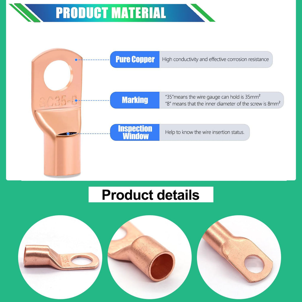 Twidec/180PCS Battery Cable Ends AWG 2 4 6 8 10 12 14 16 Gauge Copper Cable Wire Lugs,Ring Terminals Connectors,Copper Ring Terminals Connectors with Heat Shrink N-105-180PCS