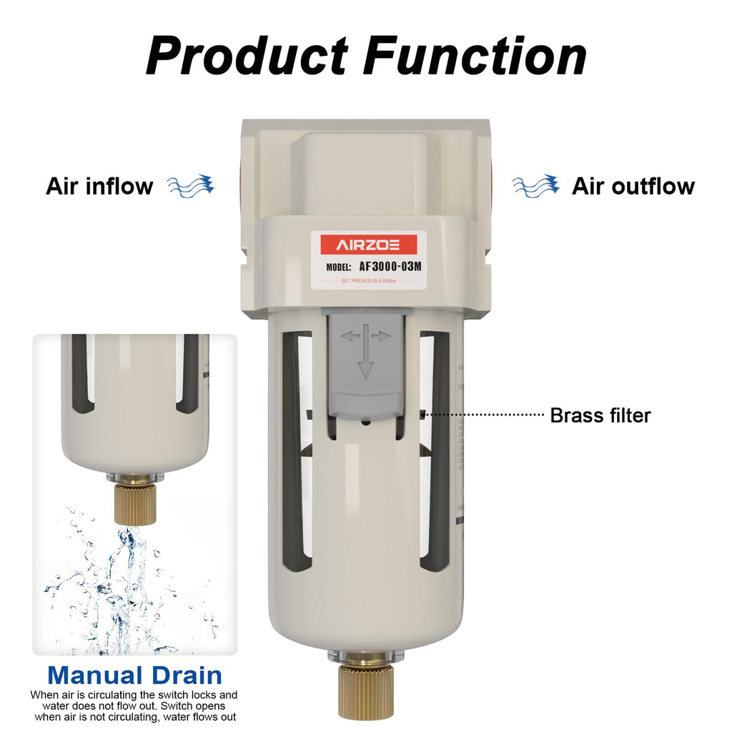 AIRZOE 3/8" NPT Air Dryer for Compressor - Air Compressor Water Separator AF3000-03, Semi-Auto Drain,5 Micron Brass Element, Poly Bowl