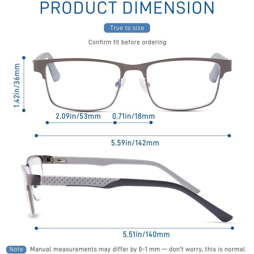 ZERPEET 2 Pack Men's Progressive Multifocal Reading Glasses,Rectangle Metal Frame with Spring Hinge Silicone Temple Blue Light Blocking Lenses Computer Readers Anti Eyestrain,2.5x