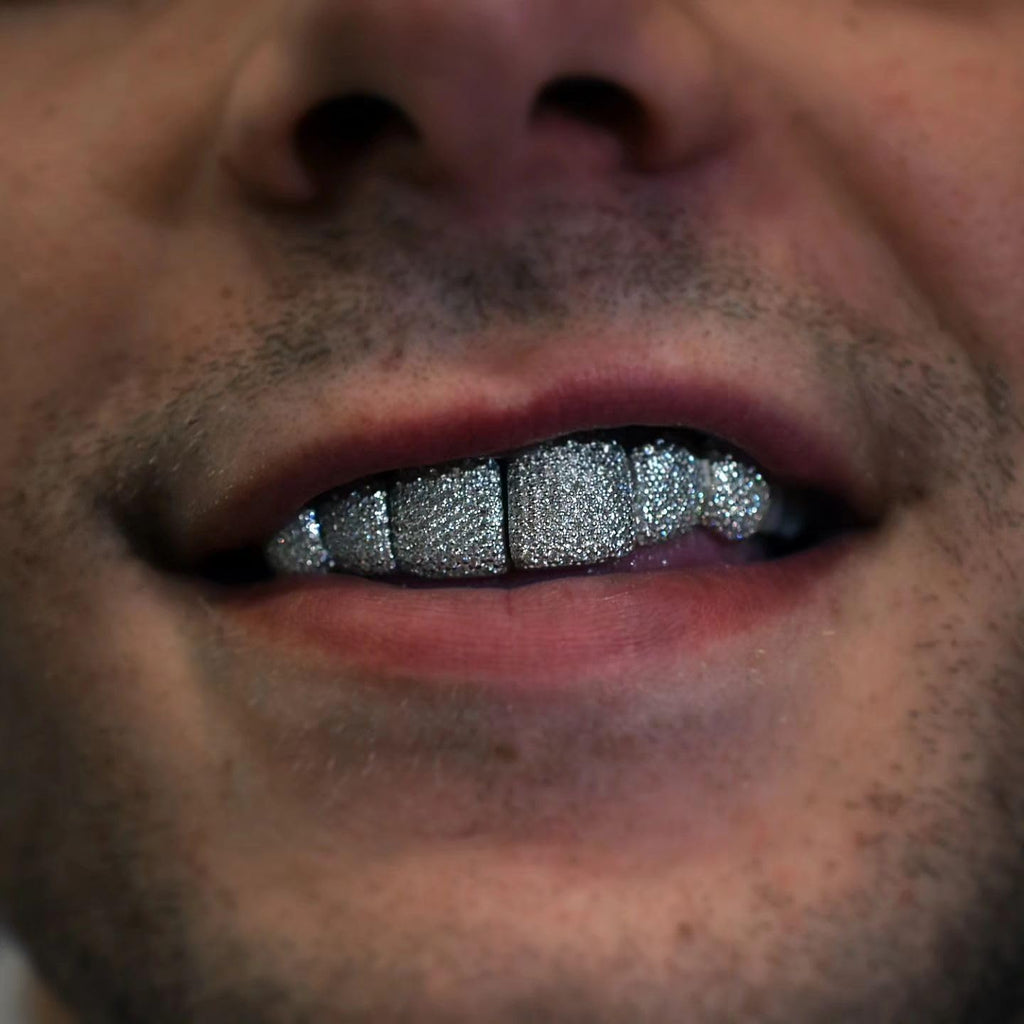 JINAO Grillz Teeth Men - Grills for Your Teeth 8 Top & Bottom Set, 18K Gold-Plated Brass Dental Grills with Molding Bars, Unisex Hip-Hop Rapper Costume Accessory(Iced Silvery Set)