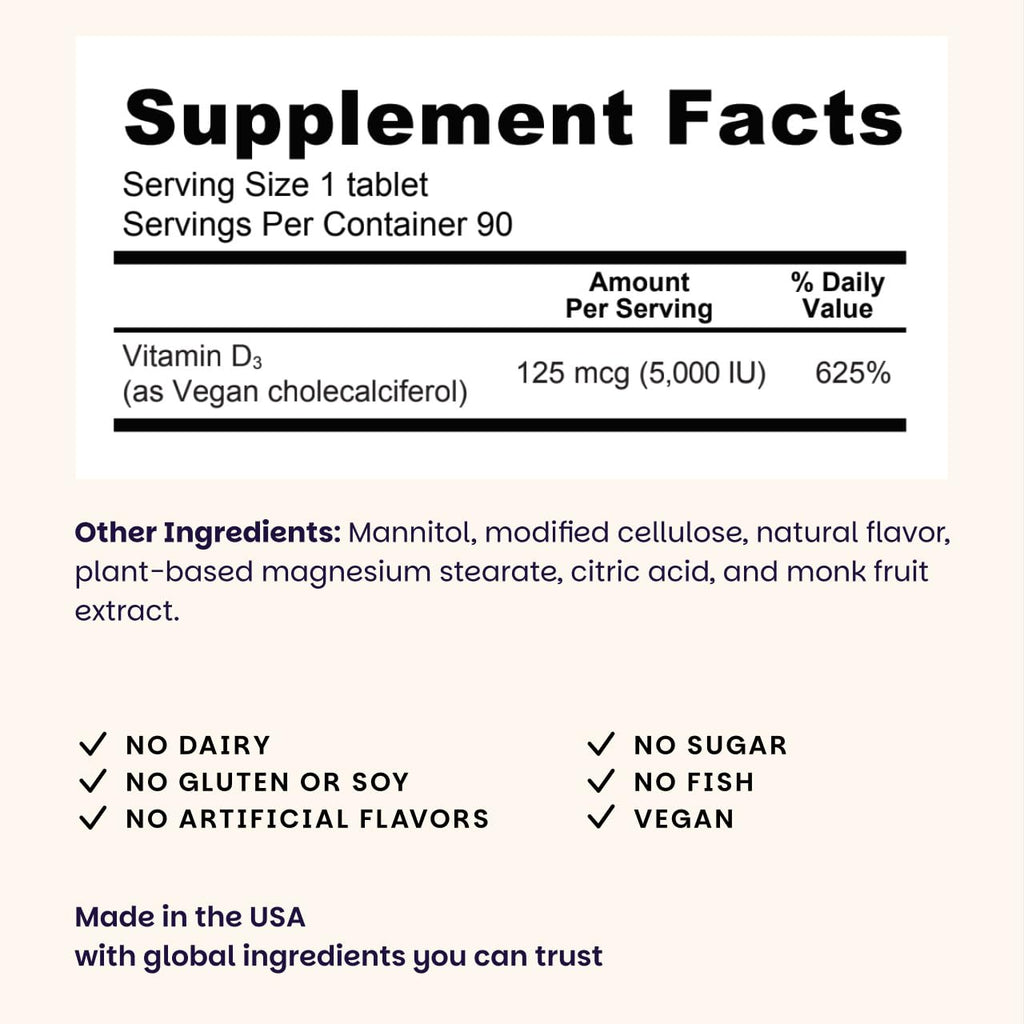 EZ Melts Dissolvable Vitamin D3 5,000 IU - Vegan Vitamin D Supplement for Bone & Teeth Support - No Artificial Flavors - Plant-Based & Non-GMO - Green Apple - 90 Dissolvable Tablets (90 Servings)
