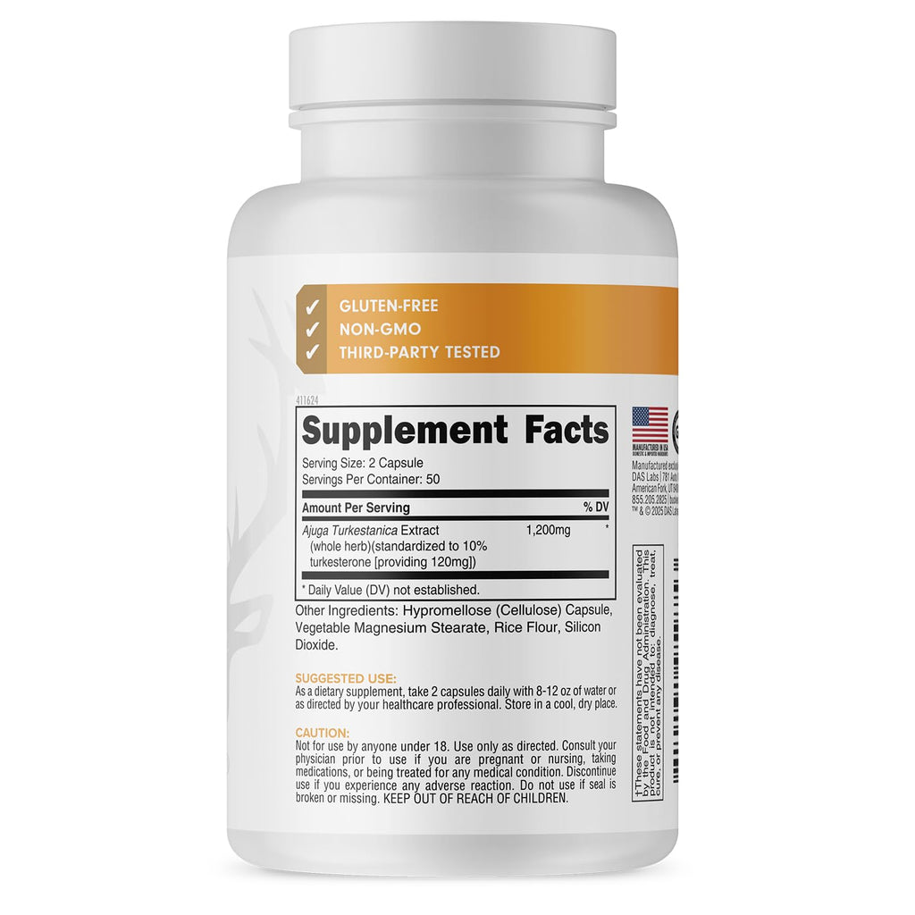 Bucked Up Turkesterone 1200mg | Ajuga Turkestanica Extract Standardized 10% | Non GMO Gluten Free Third Party Tested | Plant Based Supplement Capsules (100 Capsules, 50 Servings)