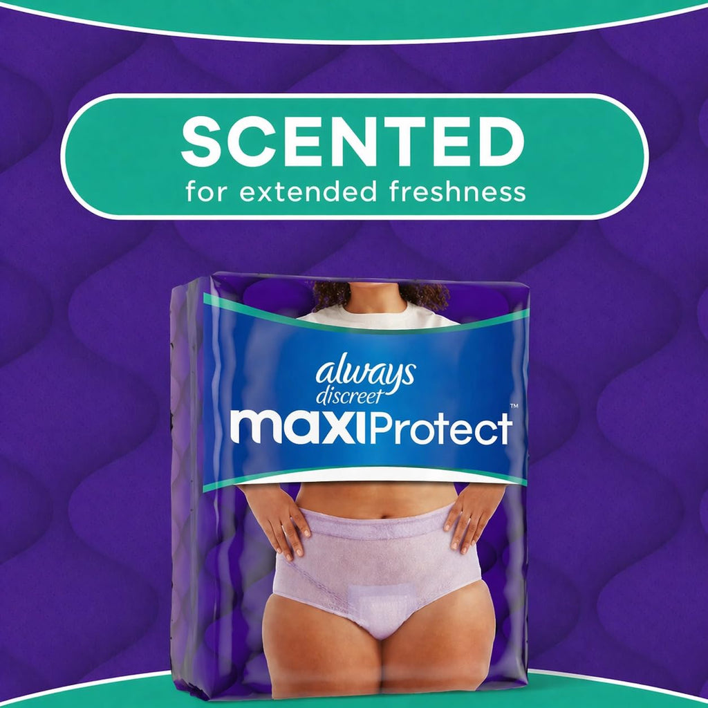 Always Discreet MaxiProtect Adult Diapers for Women, Incontinence Underwear, Scented, Postpartum Essentials, Bladder Leak Protection, Disposable Briefs, Maximum Plus Absorbency, Size S/M, 26 Count