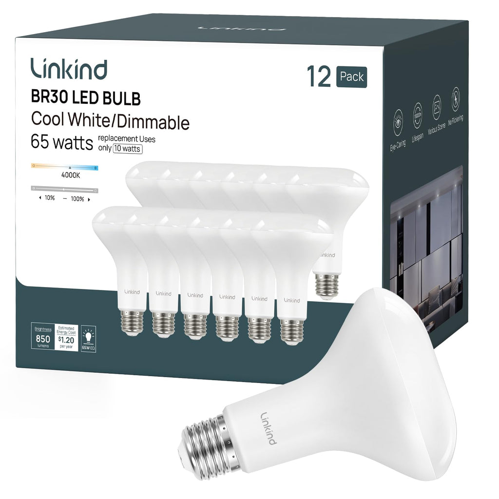 Linkind BR30 LED Flood Light Bulbs Indoor, 65W Equivalent Dimmable LED Recessed Bulbs, 10W 850 Lumens, 4000K Cool White E26, UL FCC Certified, Recessed Can Light Bulb for Bedroom Bathroom, 12 Packs